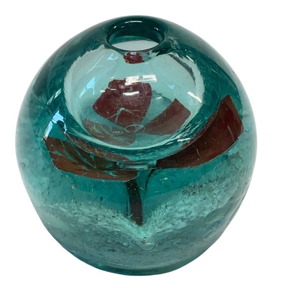 Handblown Turquoise Glass Vase With Embedded Red Flower Design - Picture 3 of 5